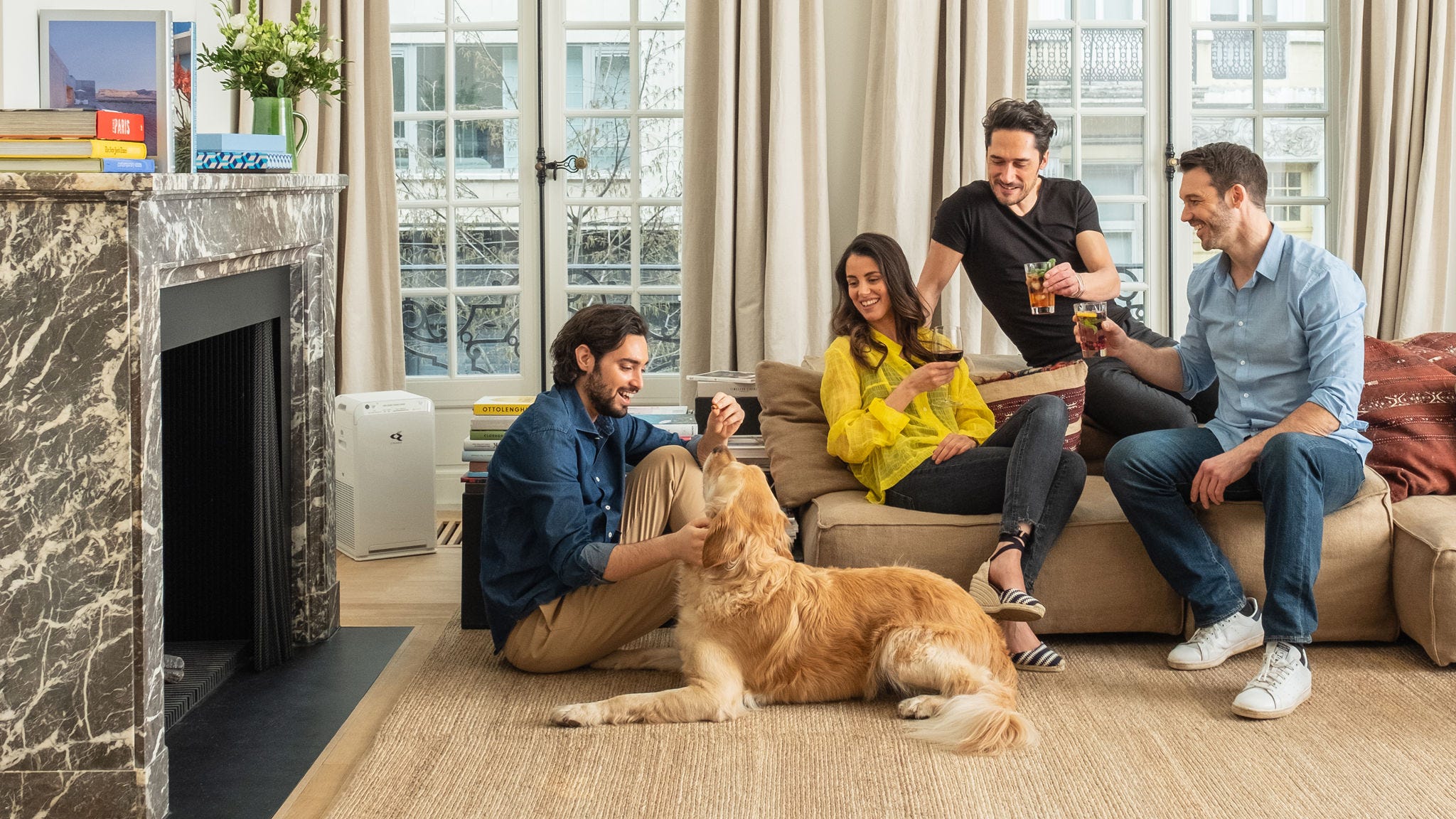 Čistilnik zraka zmanjšuje prhljaj hišnih ljubljenčkov v dnevni sobi s psom