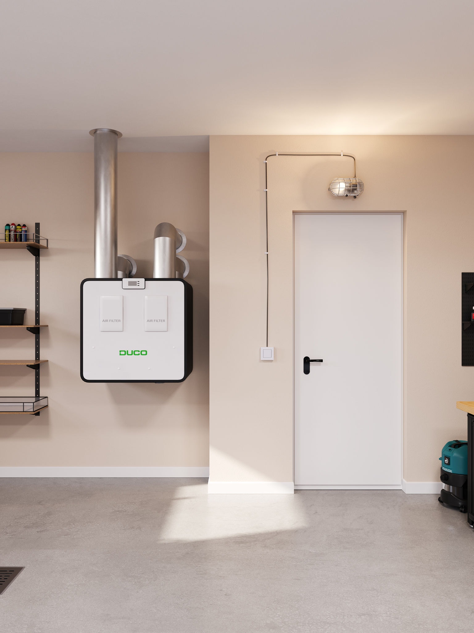 Prezračevalni sistem DucoBox Energy Premium, vgrajen v bivalnem prostoru, dokazuje, da je prezračevanje doma rešitev za izboljšanje kroženja zraka in zmanjšanje vlažnosti.