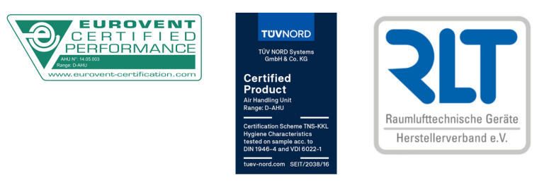 Logotipi certifikatov za zagotavljanje kakovosti Daikinovih enot za obdelavo zraka